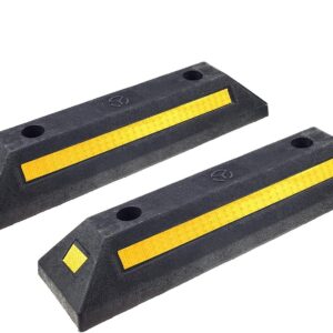BLACK HEAVY DUTY PARKING BLOCKS WITH YELLOW REFLECTIVE STRIPES